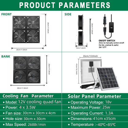 Solar powered household DC high-speed 12V cooling fan with four fans