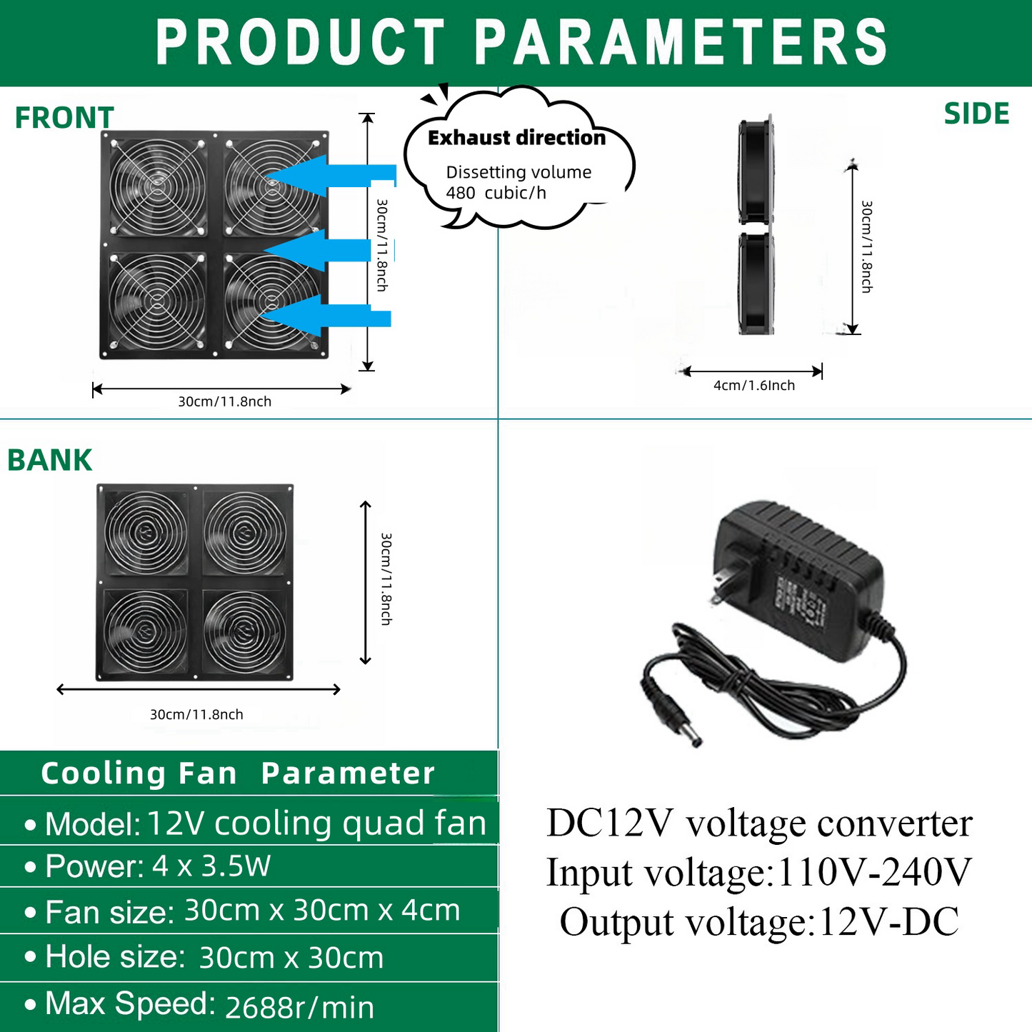 Solar powered household DC high-speed 12V cooling fan with four fans